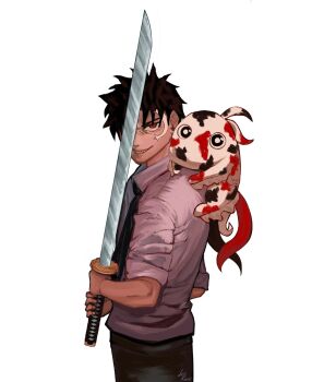 1boy black_hair black_necktie chainsaw_man collared_shirt commentary dexkaai english_commentary fish highres holding holding_sword holding_weapon kagurabachi katana koi looking_at_viewer male_focus necktie parody red_eyes rokuhira_chihiro scar scar_on_face sharp_teeth shirt short_hair simple_background smile solo sword teeth weapon white_background