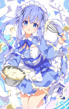 Rule 34 | 1girl, absurdres, blue dress, blue eyes, blue hair, blush, bowl, commentary request, dress, flat chest, fleina note, frilled dress, frills, gochuumon wa usagi desu ka?, hair bun, hair ornament, highres, holding, holding bowl, holding whisk, kafuu chino, kneehighs, long hair, long sleeves, looking at viewer, maid headdress, open mouth, puffy long sleeves, puffy sleeves, shoes, short dress, single side bun, socks, solo, twintails, whisk, white shoes, white socks, x hair ornament