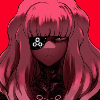 1boy angry black_bodysuit bodysuit demi_(dizzyspells) dizzyspells feminine frown glaring highres long_hair looking_at_viewer male_focus original red_background shadow solo symbol trap triangle_print upper_body white_hair