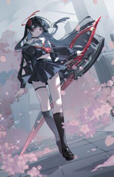 1girl absurdres arm_cutout black_choker black_hair black_shirt breasts chisa_(wuthering_waves) choker clothing_cutout commentary crop_top hair_ribbon highres holding holding_sword holding_weapon long_hair long_sleeves looking_at_viewer medium_breasts parted_lips red_eyes red_ribbon ribbon sailor_collar shirt solo sword tacet_mark_(wuthering_waves) thigh_strap weapon white_sailor_collar wind woodylixx wuthering_waves