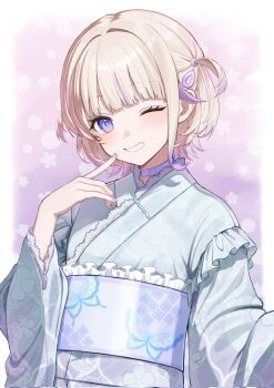 Rule 34 | 1girl, blonde hair, blue kimono, butterfly print kimono, choker, clenched teeth, frilled kimono, frills, highres, hololive, hololive dev is, japanese clothes, kiina (mrnsor), kimono, long sleeves, looking at viewer, one eye closed, purple choker, purple eyes, purple hair, short hair, smile, solo, teeth, todoroki hajime, two side up, yukata