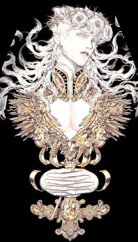 Rule 34 | 1boy, alternate hairstyle, black background, braid, cleavage cutout, clothing cutout, earrings, giorno giovanna, gold, gold trim, hashtag-only commentary, high collar, highres, jewelry, jojo no kimyou na bouken, laurel crown, long hair, looking at viewer, male focus, own hands clasped, own hands together, parted lips, pectorals, simple background, solo, stud earrings, upper body, vento aureo, victory rolls, wing ornament, zhhy3324