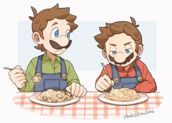 animated animated_gif brown_hair eating facial_hair fork kayako_(bimabima) luigi mario mario_(series) mushroom mustache nintendo overalls shirt spaghetti table the_super_mario_bros._movie universal_studios