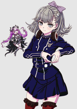 2girls ;d absurdres black_dress black_flower black_footwear black_horns blue_jacket blue_skirt blush blush_stickers boots bow braid brown_hair closed_mouth commentary_request cowboy_shot crown demon_girl demon_horns detached_sleeves dress eyelashes flower frilled_dress frilled_thighhighs frills grey_background grey_eyes hair_bow hair_flower hair_ornament half_updo hands_up headphones headphones_around_neck heart heart_hands highres horns jacket junu_(junudonkochan) knees_together_feet_apart long_hair long_sleeves looking_at_viewer master_detective_archives:_rain_code medium_hair miniskirt multiple_girls one_eye_closed open_mouth pink_bow pink_eyes pink_hair pleated_skirt pucci_lavmin rabbit_hair_ornament red_thighhighs shinigami_(rain_code) short_dress sidelocks simple_background skirt smile solo_focus split_mouth swept_bangs thighhighs twin_braids very_long_hair wide_sleeves zettai_ryouiki