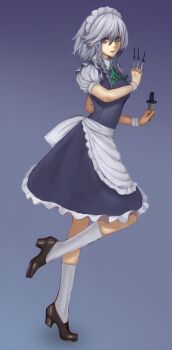 1girl absurdres apron full_body grey_eyes grey_hair highres holding holding_knife izayoi_sakuya knife maid maid_apron maid_headdress non-web_source phasetsu resized touhou upscaled