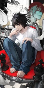 1boy absurdres barcode barefoot biting biting_own_thumb black_eyes black_hair blue_pants broken broken_chain chain checkered_floor chess_piece commentary copyright_name couch death_note denim hand_on_own_knee highres hollow_eyes jeans king_(chess) kkamiiz knight_(chess) l_(death_note) looking_at_viewer male_focus on_couch pants red_eyes rook_(chess) shirt short_hair sitting solo_focus thumb_to_mouth toenails toes white_shirt yagami_light