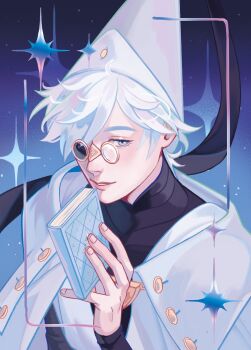 Rule 34 | 1boy, blue eyes, book, commentary, conical hat, english commentary, feeney, glasses, hat, highres, holding, holding book, looking at viewer, male focus, pince-nez, qifrey (tongari boushi no atelier), short hair, solo, sparkle, tongari boushi no atelier, tunic, white hair, white tunic, wizard hat