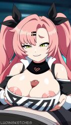 1boy 1girl animated bare_shoulders black_collar black_jacket black_nails black_ribbon black_sleeves blush breasts clothes_pull clothing_cutout collar detached_collar detached_sleeves dot_nose eyebrows eyelashes fingernails grabbing_own_breast green_eyes grin hair_ribbon hetero highres jacket large_breasts long_hair long_sleeves looking_at_viewer looping_animation ludinsketches mihoyo musi_cassie nail_polish naughty_face nicole_demara nipple_slip nipples off-shoulder_shirt off_shoulder paizuri penis pink_hair pov pov_crotch ribbon shirt shirt_pull short_sleeves shoulder_cutout smile solo_focus sound tagme teeth third-party_edit two-tone_sleeves two_side_up uncensored upper_body video white_shirt white_sleeves wise_(zenless_zone_zero) zenless_zone_zero