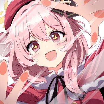 +_+ 1girl beret blue_archive blush breasts commentary_request fourth_wall furisuku_(gerbera) hair_ornament halo hat highres medium_hair official_alternate_costume pink_eyes pink_hair portrait reaching reaching_towards_viewer ribbon screen serina_(blue_archive) simple_background small_breasts solo white_background