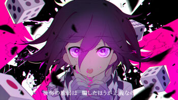 1boy black_background black_scarf blood blood_from_mouth blood_on_face broken broken_chain chain checkered_clothes checkered_scarf commentary_request cracked_skin danganronpa_(series) danganronpa_v3:_killing_harmony debris dice dot_nose feathers hair_between_eyes hands_on_another's_wrists hiragi_rin jacket long_hair_between_eyes looking_at_viewer male_focus nail_polish oma_kokichi open_mouth pink_background pink_blood pink_nails purple_eyes purple_hair scarf short_hair solo_focus strangling teeth upper_body upper_teeth_only white_background white_jacket white_scarf