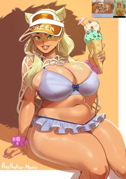1girl absurdres aestheticc-meme alternate_hair_color alternate_hair_length alternate_hairstyle animal_ears bikini bikini_skirt blonde_hair body_freckles breast_freckles breasts earrings extra_ears food freckles freckles_on_breasts frilled_bikini frills green_eyes highres holding holding_food holding_ice_cream hoop_earrings huge_breasts ice_cream ice_cream_cone jewelry marvel marvel_rivals muffin_top navel plump real_life_insert reference_inset squirrel_ears squirrel_girl squirrel_girl_(marvel) squirrel_girl_(sunshine_squirrel)_(marvel) squirrel_tail swimsuit tail tan thick_thighs thighs