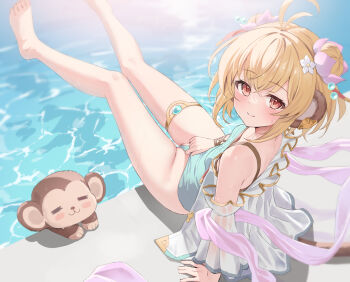 1girl andira_(granblue_fantasy) andira_(summer)_(granblue_fantasy) animal animal_ears arm_support barefoot blonde_hair closed_mouth erune granblue_fantasy hair_ornament highres kimblee legs looking_at_viewer monkey monkey_ears official_alternate_costume one-piece_swimsuit pool red_eyes short_hair sitting smile solo swimsuit thigh_strap water