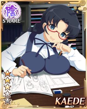 1girl :d ahoge belt black_hair blue_dress blue_eyes border braid braided_twintails breast_rest breasts breasts_on_table card_(medium) cleavage dress english_text game_cg holding holding_pencil kaede_(senran_kagura) large_breasts long_hair long_sleeves looking_down low_twintails non-web_source official_alternate_costume official_art open_mouth pencil red-framed_eyewear saliva senran_kagura senran_kagura_new_wave shirt smile socks solo twintails white_shirt white_socks