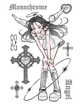 1girl absurdres angel_wings bent_over black_hair boots commentary cross dress english_commentary grey_eyes halo hands_on_own_knees heart heart_necklace highres jewelry long_hair looking_at_viewer mxx025 necklace original solo watermark white_background white_boots white_dress white_theme wings