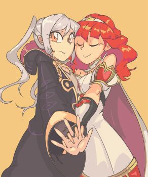 2girls bare_shoulders cape celica_(fire_emblem) cheek-to-cheek closed_eyes davewaterfalls female_robin_(fire_emblem) fire_emblem fire_emblem_awakening fire_emblem_echoes:_shadows_of_valentia heads_together interlocked_fingers looking_at_viewer multiple_girls nintendo red_hair robe tiara twintails white_hair yellow_eyes