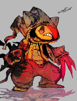 absurdres claws colored_skin dated frown gen_5_pokemon grey_background hair_over_one_eye highres mega_scrafty nintendo orange_skin pokemon pokemon_(creature) red_eyes reflection scrafty signature solo sukepmonster