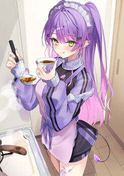 Rule 34 | 1girl, absurdres, apron, argule0901, black jacket, black shorts, blush, breasts, commentary request, cooking, cowboy shot, green eyes, highres, holding, hololive, jacket, long hair, purple apron, purple hair, shorts, solo, tail, tokoyami towa, tongue, tongue out, two side up, virtual youtuber
