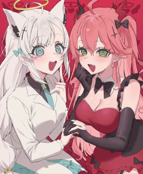 2girls angel_and_devil animal_ears bare_shoulders black_horns black_shirt blue_eyes blue_necktie blush breasts cleavage commentary_request cowboy_shot dress fang fox_ears fox_girl green_eyes halo highres hololive horns interlocked_fingers jacket large_breasts long_hair multiple_girls necktie open_mouth pink_hair red_background red_dress red_horns sakura_miko shirakami_fubuki shirt skin_fang virtual_youtuber white_hair white_jacket yellow_halo yumo_x_x