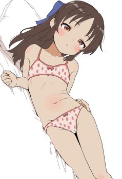 1girl bed blush bra cameltoe flat_chest food_print fruit_print highres idolmaster idolmaster_cinderella_girls loli midriff on_bed panties pillow print_panties solo strawberry_bra strawberry_panties strawberry_print tachibana_arisu takku training_bra underwear