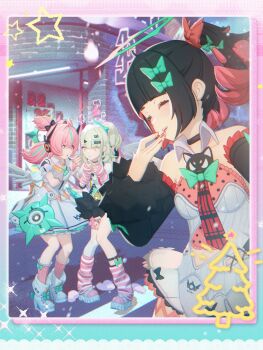 3girls absurdres arm_warmers bare_shoulders black_choker black_hair black_skirt blunt_bangs boots bow chinatsu_remiel choker christmas closed_eyes colored_inner_hair commentary detached_sleeves dress english_commentary fur-trimmed_skirt fur-trimmed_sleeves fur_trim green_bow green_hair hair_bow halo highres leg_warmers leotard long_hair multicolored_hair multiple_girls necktie official_art pink_hair pink_shoes quad_tails red_nails rokudu_sariel shirt shoes short_dress side_ponytail single_thighhigh skirt smile snow snow_on_head striped_arm_warmers thighhighs torn_clothes torn_thighhighs twintails white_boots white_dress white_leotard white_shirt white_thighhighs yutane_johiel zenless_zone_zero