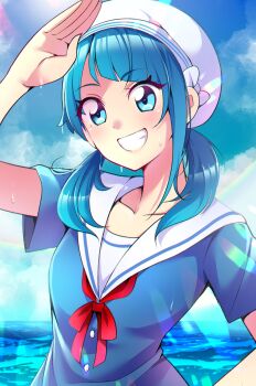 Rule 34 | 1girl, absurdres, alternate hairstyle, blue dress, blue eyes, blue hair, blue sky, cloud, cloudy sky, commentary, cut bangs, day, dress, grin, hair down, hair over shoulder, hand on own hip, hat, highres, hirogaru sky! precure, horizon, looking at viewer, low twintails, medium hair, mitsuki tayura, neck ribbon, ocean, outdoors, precure, red ribbon, ribbon, sailor collar, sailor dress, sailor hat, salute, short sleeves, single sidelock, sky, smile, solo, sora harewataru, sparkle, twintails, twitter username, wet, white hat, white sailor collar