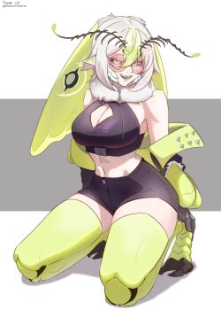 1girl absurdres antennae arthropod_girl black_sclera black_shorts black_tongue breasts cleavage cleavage_cutout clothing_cutout colored_sclera colored_skin crop_top crunchytoast33 green_eyes green_hair green_wings hair_between_eyes head_wings highres indie_virtual_youtuber insect_girl insect_wings jacket juniper_actias juniper_actias_(space_invader) kneeling large_breasts looking_at_viewer midriff monster_girl moth_antennae moth_girl moth_wings multicolored_hair open_mouth pink-tinted_eyewear pointy_ears round_eyewear short_hair shorts simple_background solo sunglasses thick_thighs thighs tinted_eyewear virtual_youtuber white_hair white_skin wings