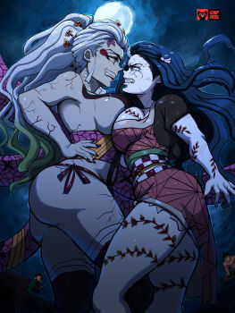 2boys 2girls absurdres age_difference angry arm_at_side ass asymmetrical_docking bare_arms bare_legs bare_shoulders black_hair black_nails black_thighhighs breast_press breasts brother_and_sister clenched_teeth daki_(kimetsu_no_yaiba) eye_contact facial_mark fingernails floating_hair full_moon gradient_hair green_eyes green_hair grey_hair grey_nails grin gyuutarou_(kimetsu_no_yaiba) half-closed_eyes hand_on_own_hip highres japanese_clothes kamado_nezuko kamado_tanjirou kimetsu_no_yaiba large_breasts legs lips lipstick long_fingernails long_hair looking_at_another makeup medium_breasts moon multicolored_hair multiple_boys multiple_girls nail_polish naughty_face night oni outdoors ponytail red_eyes red_lips sharp_teeth short_sleeves siblings simp_devil sky smile standing teeth thick_thighs thighhighs thighs very_long_hair yuri