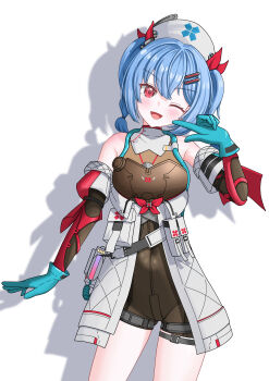 1girl ;d absurdres bare_shoulders blue_gloves blue_hair blush braid breasts colphne_(girls'_frontline_2) colphne_(silent_heart)_(girls'_frontline_2) commentary_request covered_navel detached_sleeves gamel_120 girls'_frontline girls'_frontline_2:_exilium gloves hair_between_eyes hair_ornament hairclip hand_up happy hat highres jacket looking_at_viewer medium_hair nurse_cap one_eye_closed open_mouth pointing pointing_at_self red_eyes skin_tight small_breasts smile solo thighs twin_braids twintails white_jacket