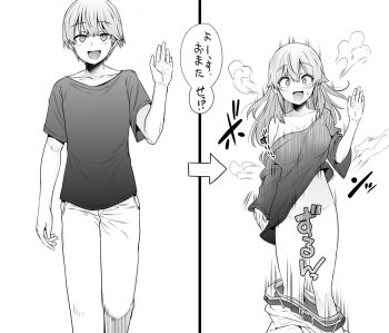 1boy 1girl :d accidental_exposure arrow_(symbol) before_and_after belt blush breasts censored censored_by_text clothes_pull collarbone dot_nose genderswap genderswap_(mtf) greyscale large_breasts long_hair monochrome motion_lines nanamatsu_kenji open_mouth original oversized_clothes pants pants_falling pants_pull sequential shirt short_hair single_bare_shoulder smile sound_effects surprised sweatdrop transformation waving webp-to-png_conversion