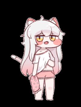 1girl alpha_transparency animal_ear_fluff animal_ears animated animated_gif artist_request barefoot blush cat_ears cat_girl cat_tail fang full_body grey_hair hair_between_eyes hand_under_clothes hand_under_shirt holding kommy_(trickcal) long_hair navel no_nose official_art open_mouth pink_shorts shirt short_sleeves shorts solo standing tail thick_thighs thighs transparent_background trickcal white_shirt yellow_eyes