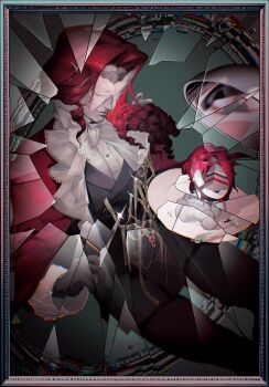 Rule 34 | 1boy, absurdres, aleph (reverse:1999), ascot, black gloves, black jacket, black pants, border, broken glass, character doll, commentary request, covered face, cowboy shot, cracked mask, doll, glass, glass shards, gloves, grey background, grey border, grey mask, highres, holding, holding knife, holding plate, jacket, knife, long hair, looking at doll, male focus, official alternate costume, pants, plate, red hair, reverse:1999, shenqi a hao, shirt, solo, white ascot, white shirt