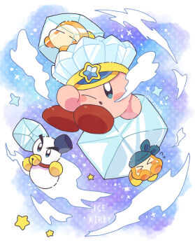Rule 34 | > <, bandana waddle dee, bell, blue eyes, blush stickers, chilly (kirby), commentary request, full body, highres, ice, ice cube, ice kirby, kirby, kirby (series), neck bell, nintendo, no humans, one eye closed, parted lips, roku (rokkrn), signature, star (symbol), waddle dee