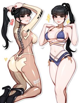 1girl alternate_footwear ass bare_legs bikini black_hair blue_monsoon_(stellar_blade) blunt_bangs blushyspicy bodysuit breasts brown_bodysuit brown_eyes eve_(stellar_blade) highres impossible_bodysuit impossible_clothes long_hair mechanical_spine medium_breasts multicolored_bodysuit navel official_alternate_costume ponytail revision simple_background skin_suit_(stellar_blade) skin_tight smile solo stellar_blade swimsuit thighs two-tone_bodysuit very_long_hair white_background