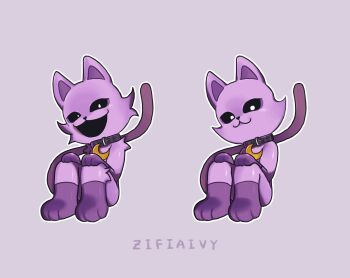 1boy :3 animal_ears black_sclera cat_boy cat_ears cat_tail catnap_(poppy_playtime) collar colored_sclera commentary_request constricted_pupils dark_purple_fur full_body happy highres jewelry knees_up leash looking_at_viewer male_focus moon_(ornament) moon_necklace multicolored_fur multiple_views necklace open_mouth poppy_playtime purple_collar purple_fur sitting smile smiling_critters tagme tail white_eyes