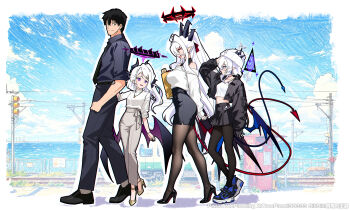 1boy 3girls :d absurdly_long_hair absurdres alternate_costume alternate_hairstyle bare_shoulders black_hair black_halo black_pants black_shoes blue_archive blue_halo bow business_casual casual collarbone collared_shirt commentary_request demon_girl demon_horns demon_tail demon_wings dress family father_and_child father_and_daughter forehead full_body hair_between_eyes hair_bow hair_ornament hair_ribbon hairclip halo height_difference highres hina_(blue_archive) horns husband_and_wife long_hair long_sleeves looking_at_another luna_(treeplanting) midriff mother_and_child mother_and_daughter multicolored_halo multiple_girls open_mouth original outdoors pants pantyhose parent_and_child parted_bangs parted_lips peroro_(blue_archive) pointy_ears red_halo ribbon sailor_collar sailor_dress sensei_(blue_archive) shirt shoes short_sleeves sidelocks skirt smile sun_(treeplanting) tail treeplanting triangle_halo twintails two-tone_halo very_long_hair walking wavy_hair white_hair white_shirt wings