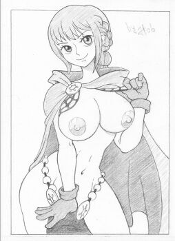 armor bikini bikini_armor bikini_bottom_pull bikini_pull bikini_top_lift bra bra_lift braid breasts breasts_out cape chain chain_bikini chainmail cloak clothes_lift clothes_pull flashing gloves graphite_(medium) greyscale groin highres large_breasts leather leather_gloves looking_at_viewer monochrome navel nipples one_piece panties panty_pull pun_hob rebecca_(one_piece) sidelocks simple_background sketch smile swimsuit traditional_media underwear undressing white_background wide_hips