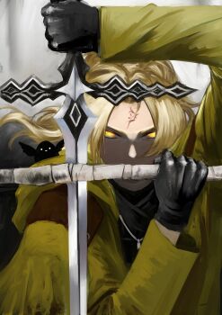 Rule 34 | 1boy, a certain sinclair (project moon), absurdres, alexander anderson's pose, animal, animal on shoulder, bandaged weapon, bird, bird on shoulder, black bird, black gloves, black shirt, coat, dual wielding, facial mark, forehead mark, glaring, gloves, glowing, glowing eyes, hair intakes, hands up, hellsing, highres, holding, holding polearm, holding sword, holding weapon, jewelry, large forehead, limbus company, looking at viewer, male focus, necklace, noel (pixiv5459099), open clothes, open coat, parody, parted bangs, polearm, port, project moon, scene reference, shirt, sinclair (project moon), solo, straight-on, sword, trench coat, tsurime, undershirt, weapon, white background, yellow coat, yellow eyes