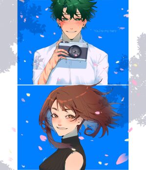 Rule 34 | 1boy, 1girl, bare shoulders, black shirt, blue background, boku no hero academia, breasts, brown eyes, brown hair, camera, collared shirt, commentary, english text, eview 2549, facial scar, falling petals, freckles, green eyes, green hair, hair between eyes, hetero, highres, holding, holding camera, light blush, looking at another, medium breasts, medium hair, midoriya izuku, multiple scars, parted lips, petals, pink petals, ribbed shirt, scar, scar on arm, scar on cheek, scar on face, scar on hand, shirt, short hair, sleeveless, sleeveless turtleneck, smile, symbol-only commentary, turtleneck, upper body, uraraka ochako, white shirt