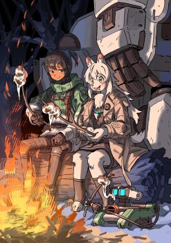 2girls animal_ears black_hair body_fur boutarou_rx_78 campfire chest_tuft commentary dark-skinned_female dark_skin drooling embers fangs fire food furry furry_female gloves green_jacket grey_jacket highres holding holding_stick jacket jewelry long_hair marshmallow mecha multiple_girls necklace non-humanoid_robot original outdoors roasted_marshmallow robot sitting sitting_on_log smile snow stick symbol-only_commentary tail toeless_footwear twintails white_fur white_hair wolf_ears wolf_girl wolf_tail