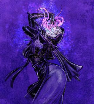 1girl arms_up black_capelet black_gloves black_hood capelet commentary covering_own_mouth cowboy_shot elbow_gloves elden_ring elden_ring_nightreign english_commentary flanged_mace from_side gloves hand_over_own_mouth haruichi_(haruichithm) highres holding holding_mace holding_weapon looking_at_viewer mace mouth_tentacles nun purple_background signature solo tentacle_tongue undertaker_(elden_ring) weapon white_coif white_eyes