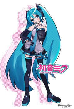 1girl bare_shoulders black_boots black_skirt black_sleeves blue_eyes blue_hair blue_nails blue_necktie blush_stickers boots character_name closed_mouth detached_sleeves different_zoom_layer double-parted_bangs full_body grey_shirt hair_between_eyes hand_on_own_hip hand_up hashtag-only_commentary hatsune_miku highres logo long_hair long_sleeves looking_at_viewer miniskirt nail_polish necktie pleated_skirt shirt simple_background skirt sleeveless sleeveless_shirt smile solo standing sugarmonaka thigh_boots thighhighs tie_clip twintails twitter_username very_long_hair vocaloid watermark white_background zettai_ryouiki
