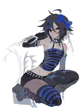 1other ahoge asymmetrical_legwear belt black_belt black_boots black_eyes black_gloves black_hair black_shorts black_thighhighs blue_bow boots bow choker closed_mouth commentary elbow_gloves english_commentary fishnet_pantyhose fishnets forsaken_(roblox) full_body gloves hair_bow highres holding holding_weapon jewelry kuroda lace-up_boots midriff mismatched_legwear multicolored_thighhighs navel necklace pantyhose raccoon_tails_(hairstyle) roblox scene_fashion short_shorts shorts smile solo spawn_(roblox) spiked_belt spiked_choker spikes tail tank_top thighhighs two-tone_tank_top two-tone_thighhighs two_time_(forsaken) weapon