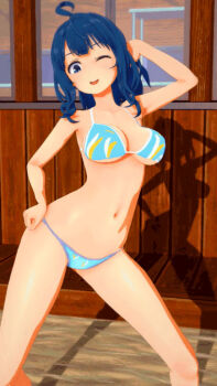 1girl 3d animated arm_behind_head armpits bikini blue_bikini blue_eyes blue_hair bouncing_breasts breasts cleavage edmond hand_on_own_hip highres jiggle koikatsu_(medium) large_breasts looking_at_viewer make_heroine_ga_oo_sugiru! medium_hair model_pose navel one_eye_closed open_mouth ponytail smile solo swimsuit tagme tongue video wink yanami_anna
