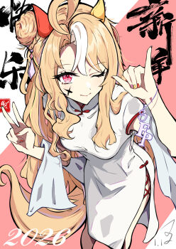 1girl ahoge ajun_(user57059503) alternate_costume animal_ears blonde_hair blush braid breasts china_dress chinese_clothes closed_mouth commentary_request dress ear_covers fusaichi_pandora_(umamusume) hair_between_eyes hair_bun happy_new_year highres horse_ears horse_girl horse_tail ink_on_face long_hair looking_at_viewer medium_breasts mismatched_ear_covers multicolored_hair multicolored_nails new_year one_eye_closed red_eyes short_sleeves smile solo tail umamusume v white_dress