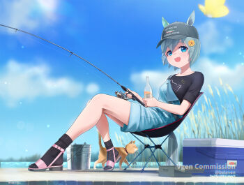 1girl baseball_cap beleven black_hair black_shirt black_socks blue_eyes blue_hair blue_overalls bottle cat chair collarbone denim_overalls ears_through_headwear fishing fishing_rod flower full_body hair_between_eyes hair_flower hair_ornament hat highres horse_girl horse_tail meme overalls sandals seiun_sky_(casual)_(umamusume) seiun_sky_(umamusume) shirt short_hair short_sleeves sidelocks sitting socks sunflower sunflower_hair_ornament t-shirt tail umamusume women_want_me_fish_fear_me_(meme)