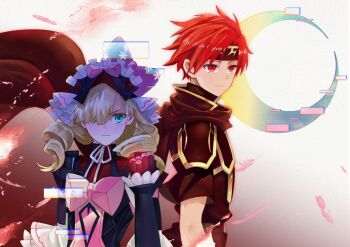 1boy 1girl armor black_armor blonde_hair blue_eyes dark_persona fire_emblem fire_emblem:_the_binding_blade fire_emblem_engage frilled_headwear hair_over_one_eye marni_(fire_emblem) nintendo red_armor red_aura red_eyes red_hair roy_(emblem)_(fire_emblem) roy_(fire_emblem) shoochiku_bai