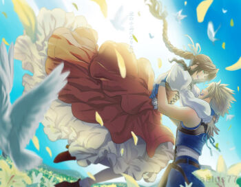 1boy 1girl aelys77 aerith_gainsborough aerith_gainsborough_(garnet's_gown) aqua_eyes arms_around_neck arms_around_waist bandaged_wrist bandages bare_shoulders belt bird blonde_hair blue_gloves blue_pants blue_sky blue_vest boots braid braided_ponytail brown_belt brown_hair cloud_strife cloud_strife_(zidane's_outfit) cosplay couple cropped_vest dress falling_feathers falling_petals feathers final_fantasy final_fantasy_vii final_fantasy_vii:_ever_crisis flower garnet_til_alexandros_xvii garnet_til_alexandros_xvii_(cosplay) gloves hair_ribbon hetero juliet_sleeves lily_(flower) long_dress long_sleeves looking_at_another official_alternate_costume open_mouth orange_dress pants parted_bangs petals puffy_sleeves red_boots ribbon shirt short_hair sidelocks single_braid sky smile spiked_hair sunlight translated twintails two-tone_dress vest white_bird white_dress white_shirt yellow_flower yellow_petals zidane_tribal zidane_tribal_(cosplay)
