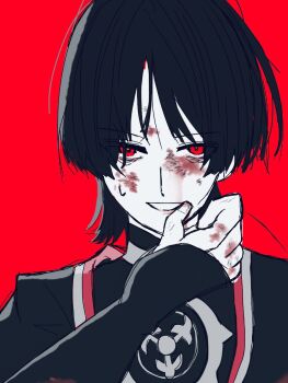 Rule 34 | 1boy, alternate eye color, armor, black bodysuit, black kimono, blood, blood on face, blunt ends, bodysuit, commentary request, fingernails, genshin impact, hand up, highres, japanese armor, japanese clothes, jewelry, juban, kimono, kote, kurokote, looking at viewer, male focus, mitsudomoe (shape), monochrome, neck ring, open mouth, portrait, red background, red eyes, red kimono, red theme, scaramouche (genshin impact), sketch, solo, straight-on, tomoe (symbol), vtu4ln, white kimono, white mouth