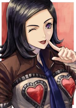 1girl amano_maya black_hair blue_necktie breasts finger_to_mouth ginkado heart jacket medium_breasts medium_hair necktie one_eye_closed persona persona_2 purple_eyes red_lips shushing smile solo upper_body