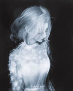 1girl artskiddy69 black_background caption character_name closed_eyes dress earrings english_text facing_down highres jewelry light_blush nephis_(shadow_slave) painterly photo-referenced shadow_slave short_hair simple_background solo upper_body white_dress white_hair